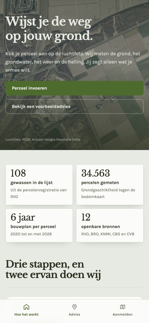 De homepagina van Akkerkompas op een telefoon, met onder de kop de cijfers over gewassen, percelen en bronnen.