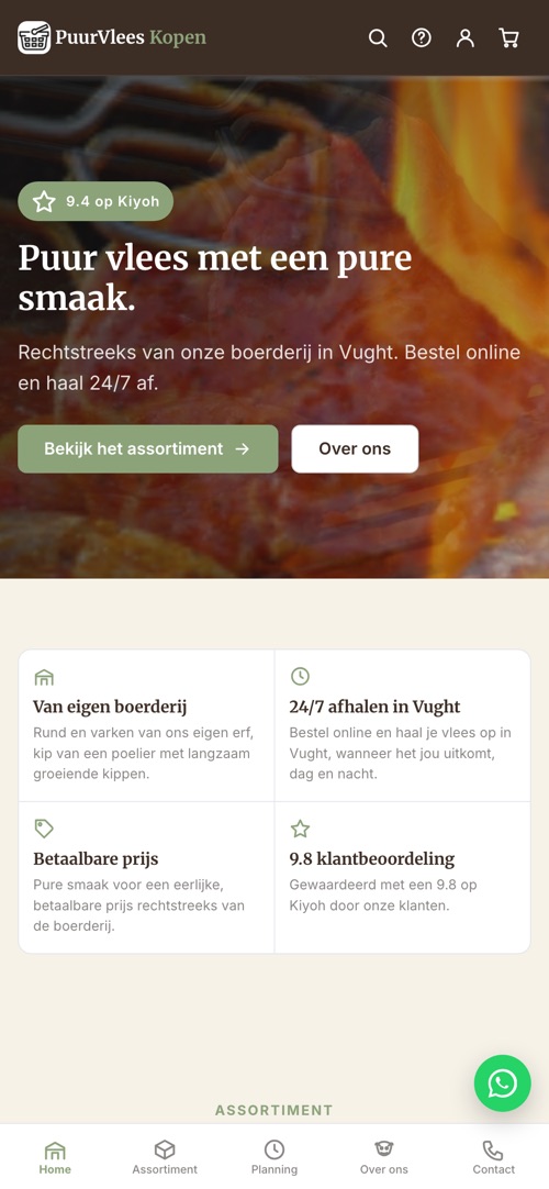 De homepagina van Puur Vlees Kopen op een telefoon, met onderaan een navigatiebalk.